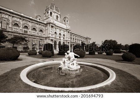Vienna, Austria - fountain in front of Natural History Museum. The Old Town is a UNESCO World Heritage Site. Sepia tone - retro monochrome color style.