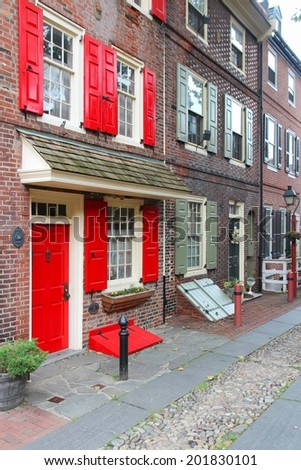 Philadelphia, Pennsylvania in the United States. Famous Elfreth\'s Alley historic district, old landmark.
