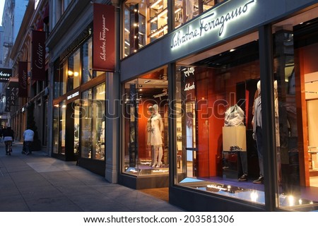 SAN FRANCISCO, USA - APRIL 8, 2014: People walk by Salvatore Ferragamo fashion store in San Francisco, USA. Salvatore Ferragamo has 550 brand fashion stores.