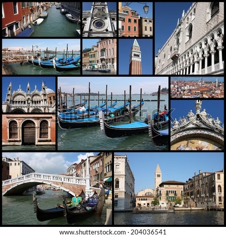Photo collage from Venice, Italy. Collage includes major landmarks like the basilica, gondolas in canals and the campanile.
