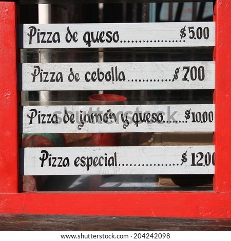 Cuba - generic outdoor bar menu with typical street cuisine in Trinidad. Square composition.