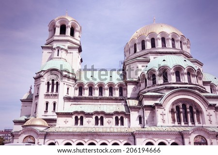 Sofia, Bulgaria - Alexander Nevsky Orthodox Cathedral. Neo-Byzantine architecture. Oborishte district. Cross processing color tone - filtered retro style.