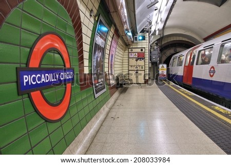 LONDON, UK - MAY 14, 2012: Piccadilly Circus underground station in London. London Underground is the 11th busiest metro system worldwide with 1.1 billion annual rides.