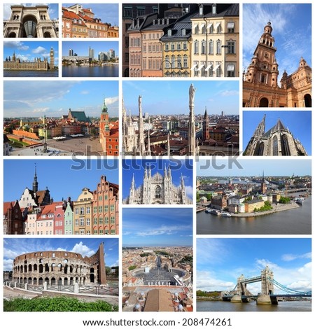 Photo collage from cities of Europe. Collage includes major cities like London, Rome, Stockholm, Vienna, Milan, Seville, Gdansk and Warsaw.