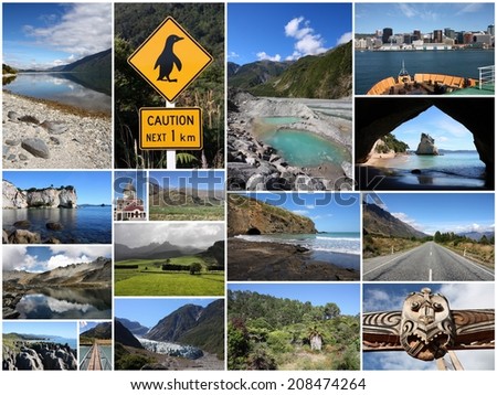 Photo collage from New Zealand. Collage includes major landscapes with mountain, glaciers, ocean and beaches.