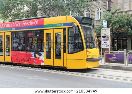 BUDAPEST, HUNGARY - JUNE 19, 2014: People ride tram in Budapest. It is part of BKK public transport system which serves 1.4 billion annually (2011).