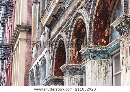 Philadelphia, Pennsylvania in the United States. Old cast iron facade in a building.