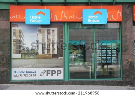 WROCLAW, POLAND - JULY 6, 2014: Home Broker real estate agency in Wroclaw. It is part of Open Finance group. Open Finance had 45.7 million PLN income in 2013.
