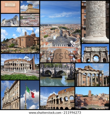 Photo collage from Rome, Italy. Collage includes major landmarks like Colosseum, Roman Forum and Vatican.