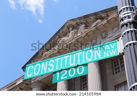 Washington DC, capital city of the United States. Constitution Avenue street sign.