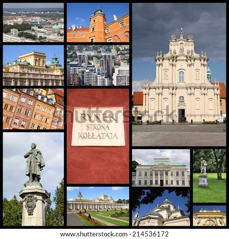 Photo collage from Warsaw, Poland. Collage includes major landmarks like the main square, Wilanow and Castle Square.