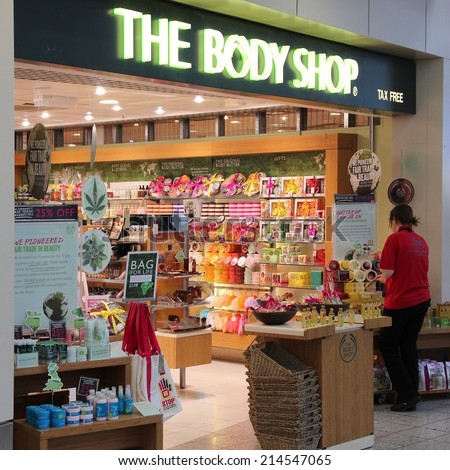 LONDON, UK - MAY 16, 2012: The Body Shop store on May 16, 2012 at Stansted Airport, London. Body Shop is part of famous L\'Oreal group and has 2605 stores worldwide (2010).