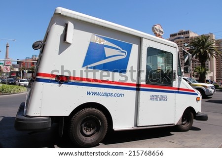 LAS VEGAS, USA - APRIL 14, 2014: United States Postal Service van in Las Vegas. USPS is the operator of the largest civilian vehicle fleet in the world.