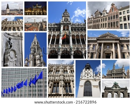 Photo collage from Brussels, Belgium. Collage includes major landmarks like Grand Place and City Hall.