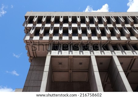 BOSTON, USA - JUNE 9, 2013: Controversial brutalist architecture of City Hall in Boston. It was completed in 1968 and is part of Government Center complex.