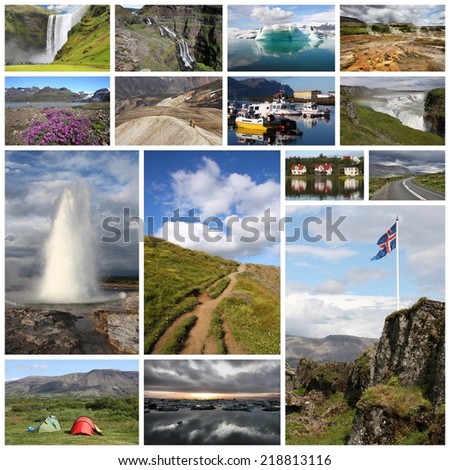 Photo collage from Iceland. Collage includes major natural landmarks like the geyser, Landmannalaugar mountains and Jokulsarlon lagoon.