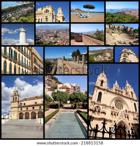Photo collage from Malaga, Spain. Collage includes major landmarks like the cathedral, Roman amphitheatre and city hall.