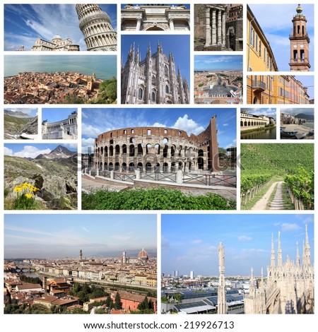 Photo collage from Italy. Collage includes major landmarks like Rome, Milan, Florence, Pisa, Parma, Modena and Cefalu.