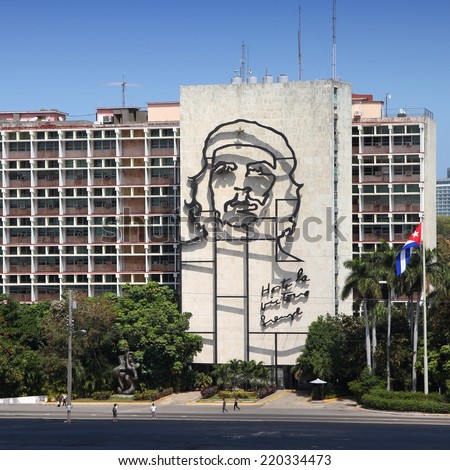 HAVANA, CUBA - FEBRUARY 26, 2011: Che Guevara steel outline on Ministry of Interior in Havana, Cuba. The iconic building at Revolution Square is among most recognizable in Cuba.