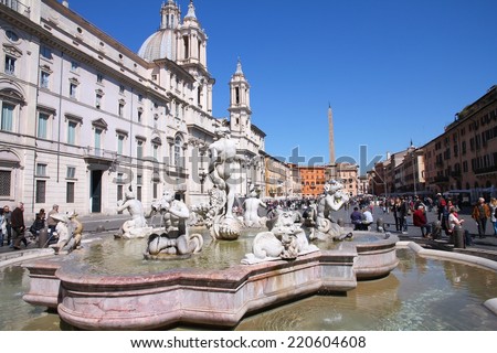 ROME, ITALY - APRIL 10, 2012: Tourists visit Piazza Navona in Rome. According to Euromonitor, Rome is the 3rd most visited city in Europe (5.5m international tourist arrivals 2009).