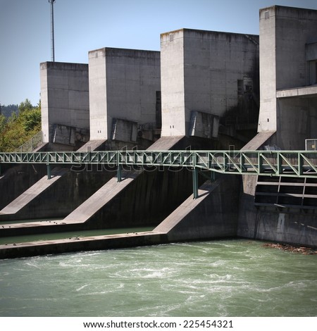 Hydro power plant on Traun river in Marchtrenk, Austria. Concrete dam.