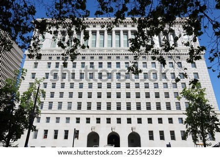 LOS ANGELES, USA - APRIL 5, 2014: Hall of Justice in Los Angeles. The courthouse is one of oldest surviving buildings in Los Angeles. It dates back to 1925.