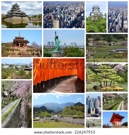 Photo collage from Japan. Collage includes major landmarks like Tokyo, Kyoto, Nagoya, Osaka, Matsumoto, Inuyama, Hirosaki and Nikko.