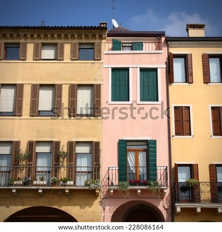Mediterranean architecture in Padua, Italy. Colorful street. Square composition.