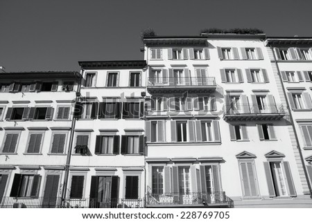 Florence, Italy - Mediterranean architecture. Generic houses. Black and white tone - retro monochrome BW color style.