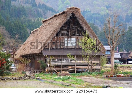 Japan - house with thatched roof in Shirakawa-Go, famous village listed as UNESCO World Heritage Site. Gifu prefecture.