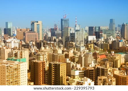 Tokyo, Japan - aerial view of Chiyoda district. Modern city skyline. Retro tone color effect - filtered colors style.