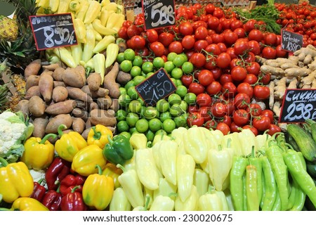 Food market in Budapest, Hungary (Great Market Hall). Fresh produce marketplace.