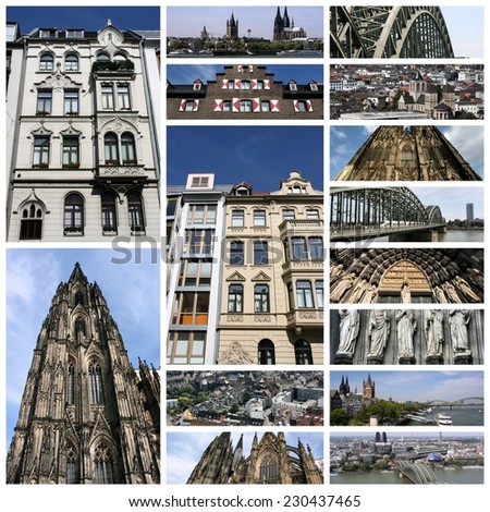 Photo collage from Cologne, Germany. Collage includes major landmarks like the cathedral and Rhine river bridge.
