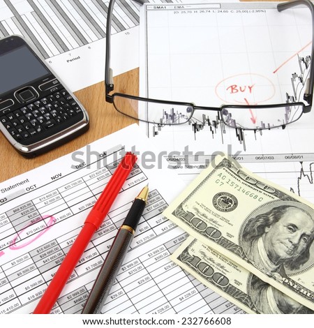 Business composition. Financial analysis - income statement, ink pen and US dollars money. Square composition.