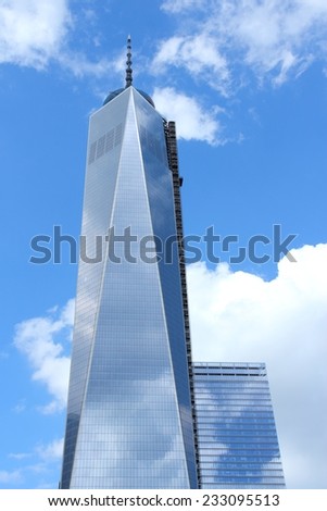 NEW YORK, USA - JULY 4, 2013: One World Trade Center skyscraper in New York. The building opened in 2014. It is 541m tall.