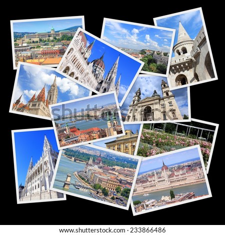 Travel photo collage from Budapest, Hungary. Collage includes major landmarks like Parliament, Fisherman\'s Bastion and Saint Stephen\'s Basilica.