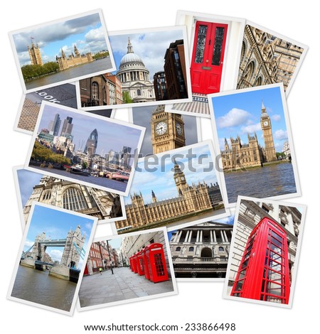 Travel photo collage from London, UK. Collage includes major landmarks like Big Ben, Saint Paul\'s Cathedral and red telephone booths.