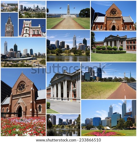 Photo collage from Perth, Australia. Collage includes major landmarks like the cathedral and city skyline.