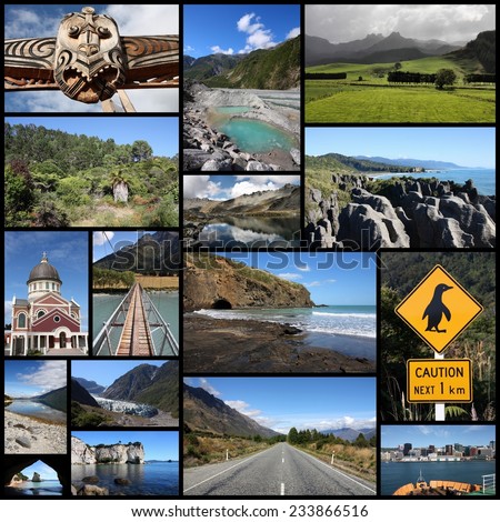 Photo collage from New Zealand. Collage includes major landscapes with mountain, glaciers, ocean and beaches.
