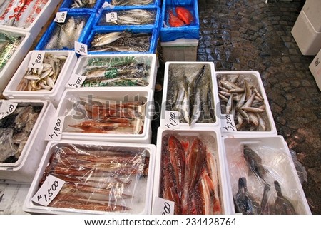 TOKYO, JAPAN - MAY 11, 2012: Seafood choice at famous Tsukiji Fish Market in Tokyo. It is the biggest wholesale fish and seafood market in the world.