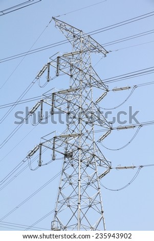 High voltage electricity pylon in Japan. Power grid.