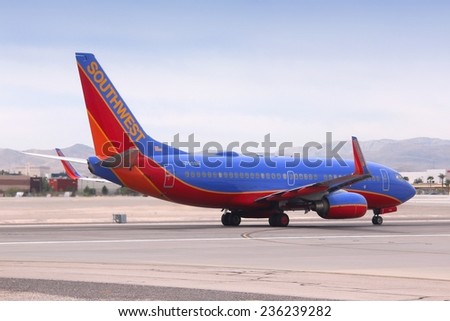 LAS VEGAS, USA - APRIL 15, 2014: Boeing 737 of Southwest Airlines at Las Vegas McCarran International Airport. Southwest is the largest 737 operator in the world (with more than 600 as of 2014).