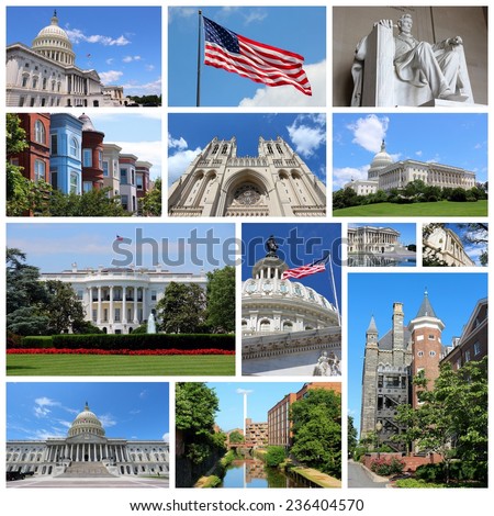 Photo collage from Washington DC, United States. Collage includes major landmarks like National Capitol, Georgetown University and Lincoln Memorial.
