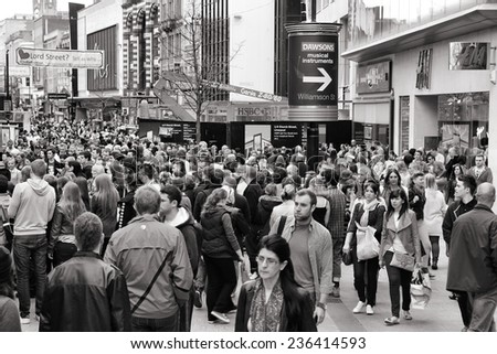 LIVERPOOL, UK - APRIL 20, 2013: People shop in Liverpool, UK. Liverpool City Region has a population of around 1.6 million people and is one of largest urban areas in the UK.