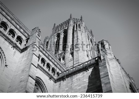 Liverpool - city in Merseyside county of North West England (UK). Liverpool Cathedral. Black and white tone - retro monochrome color style.