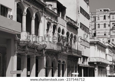 Havana, Cuba - city architecture. Old residential buildings. Black and white tone - retro monochrome style.