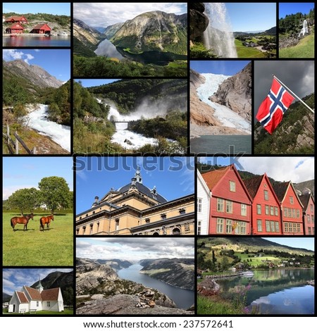 Photo collage from Norway. Collage includes major landmarks like the Naeroyfjord, Lysefjord and architecture of Oslo and Bergen.