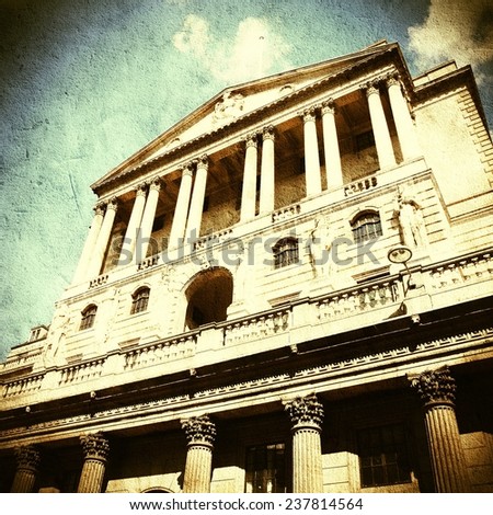 London, United Kingdom - Bank of England building. Cross processed retro style color tone.