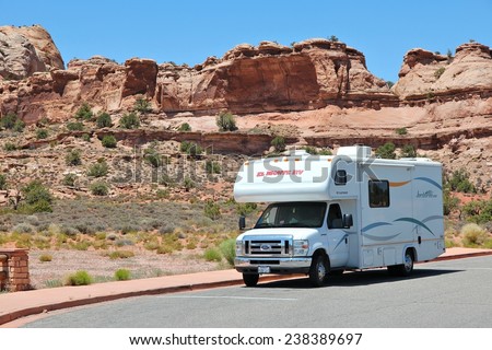 CANYONLANDS, UNITED STATES - JUNE 22, 2013: RV truck parked in Canyonlands National Park, USA. More than 452,000 people visited Canyonlands NP in 2012.