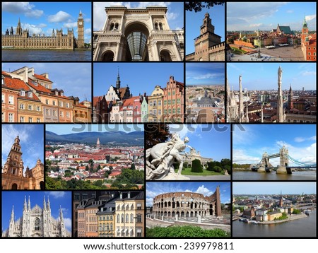 Photo collage from cities of Europe. Collage includes major cities like London, Rome, Stockholm, Vienna, Milan, Seville, Gdansk and Warsaw.